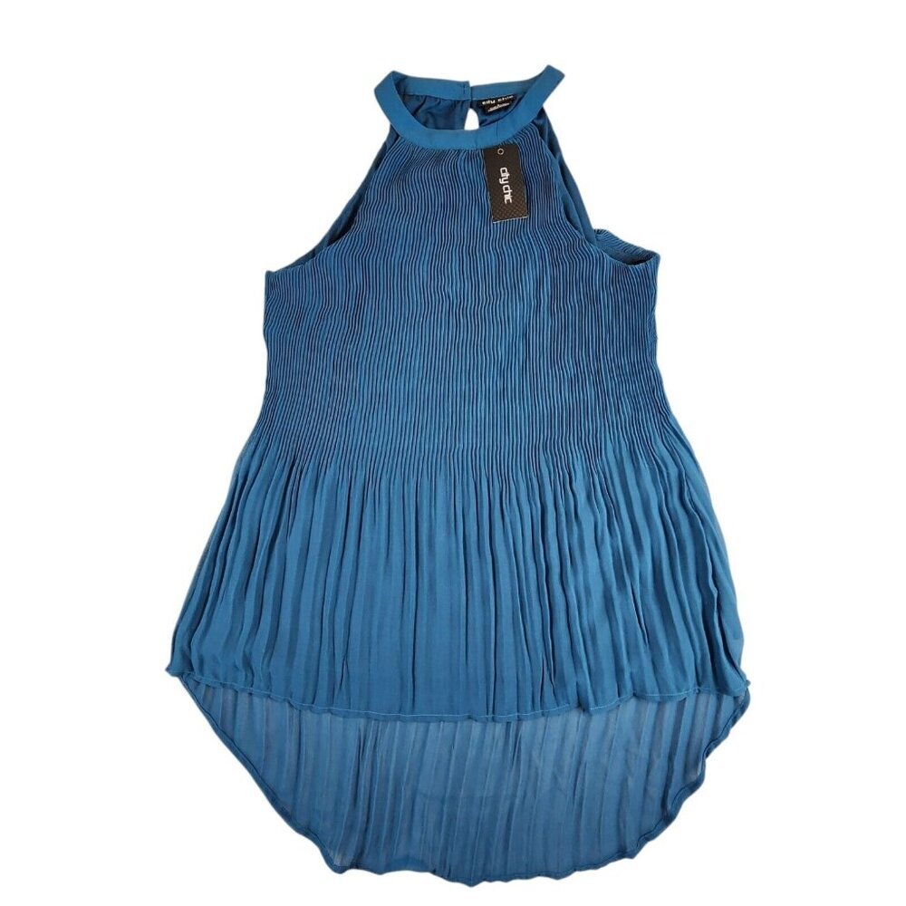 City Chic NEW‎ Womens Blue Pleated Hi-Low Tank Halter Top Shirt Tunic Small (16)